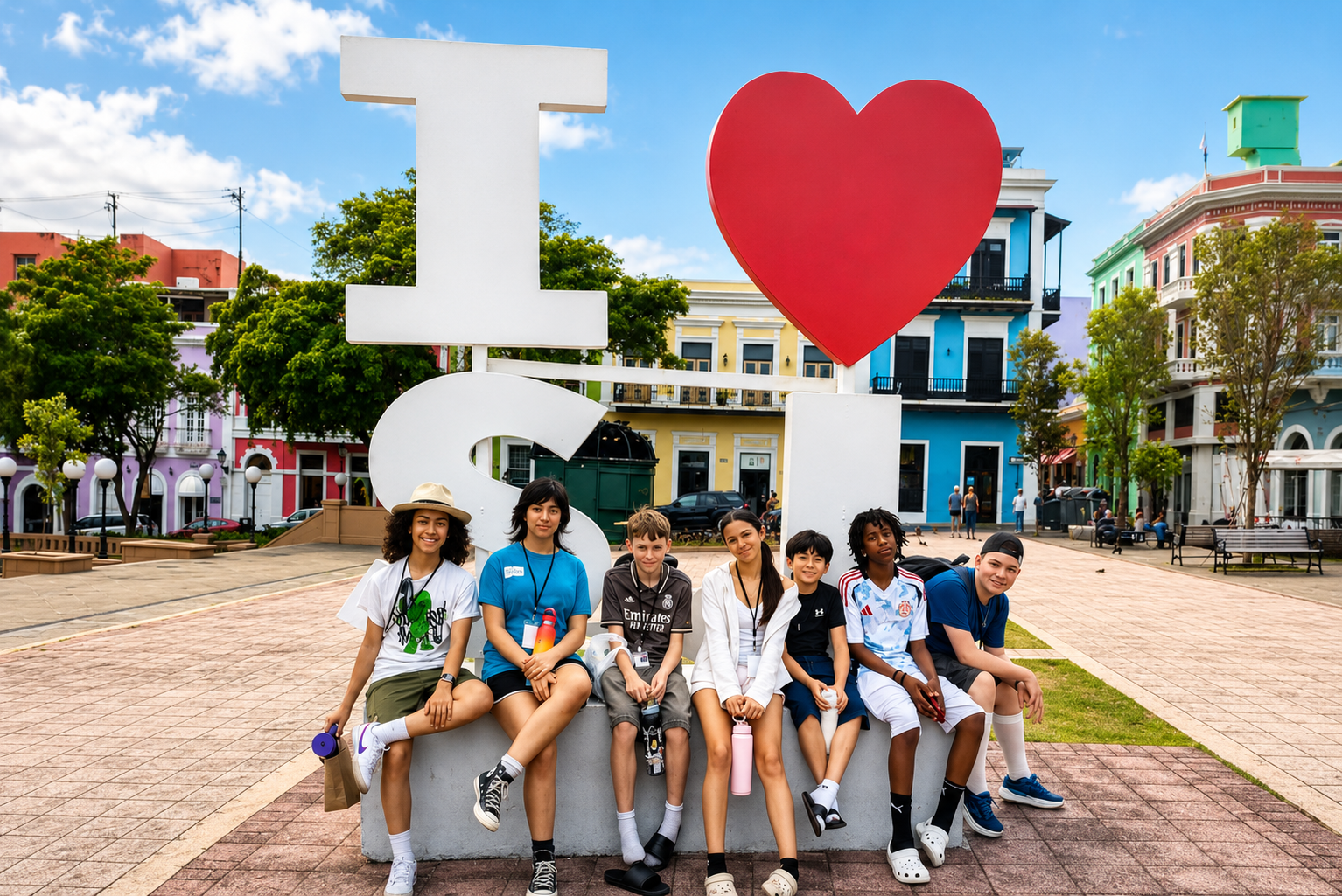 Amistad middle schoolers seated together by the I Love SJ sign in Old San Juan, Puerto Rico