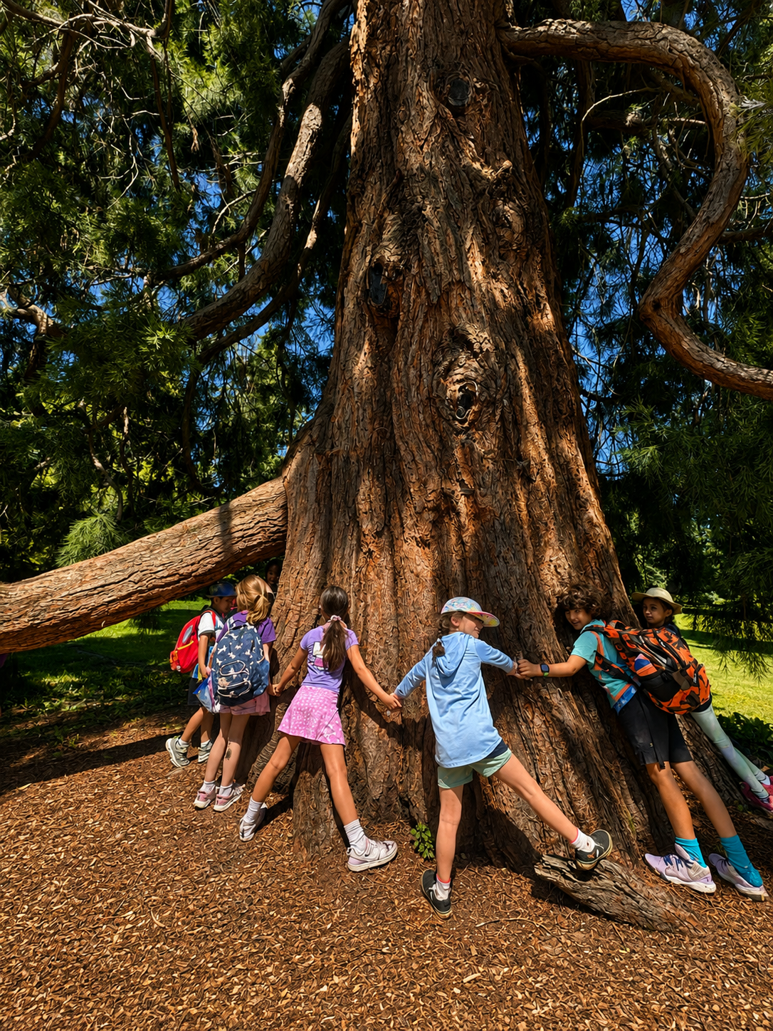 Students holding hands around a giant tree on a forest walk
