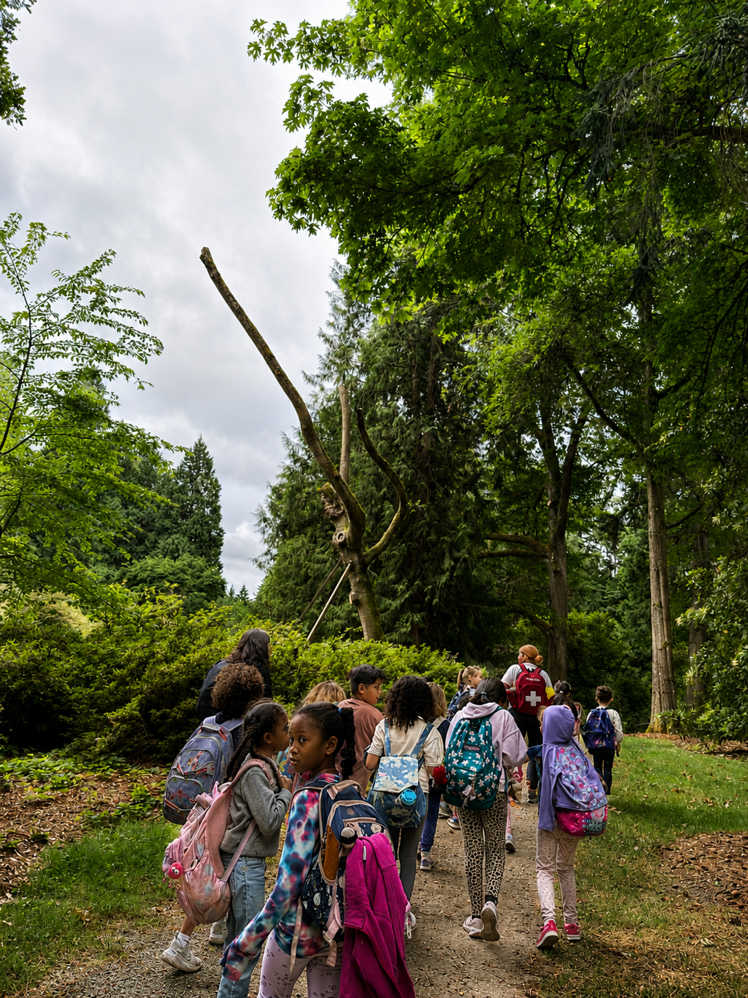 A group of students with backpacks hiking a wooded trail