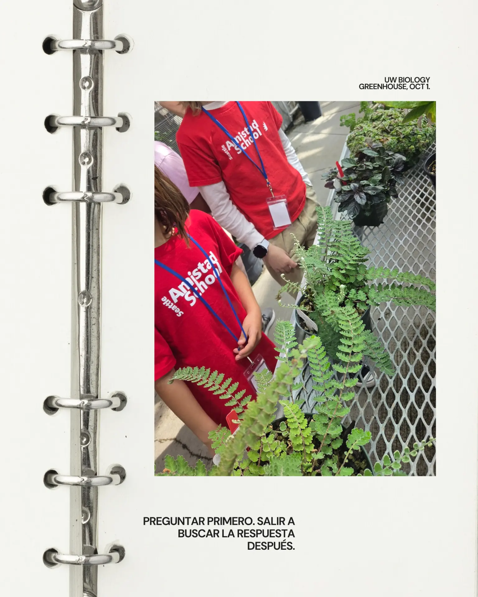 Two Seattle Amistad students in red school shirts look at ferns at the UW Biology Greenhouse.