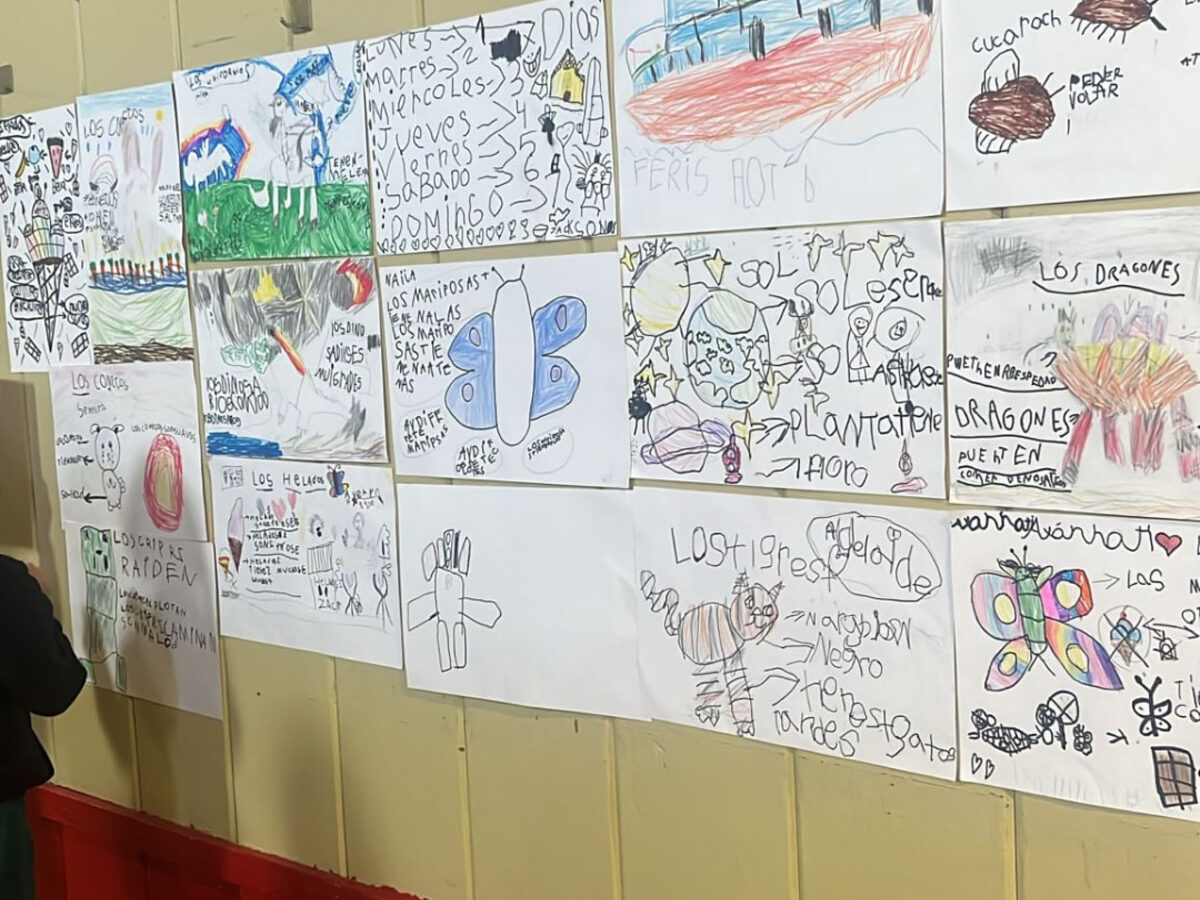 Student artwork displayed in the hallway in the Amistad art studio
